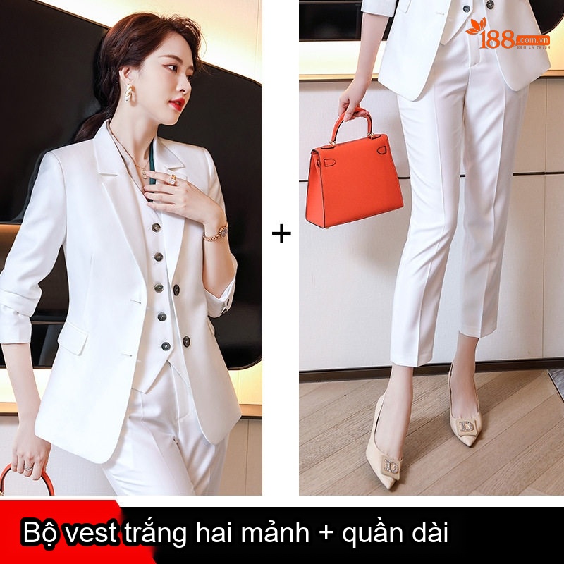 Bộ Vest Nữ Công Sở Áo Khoác Quần Dài và Áo Gile Phong Cách Hàn Quốc Màu Hồng, Xanh Navy, Trắng