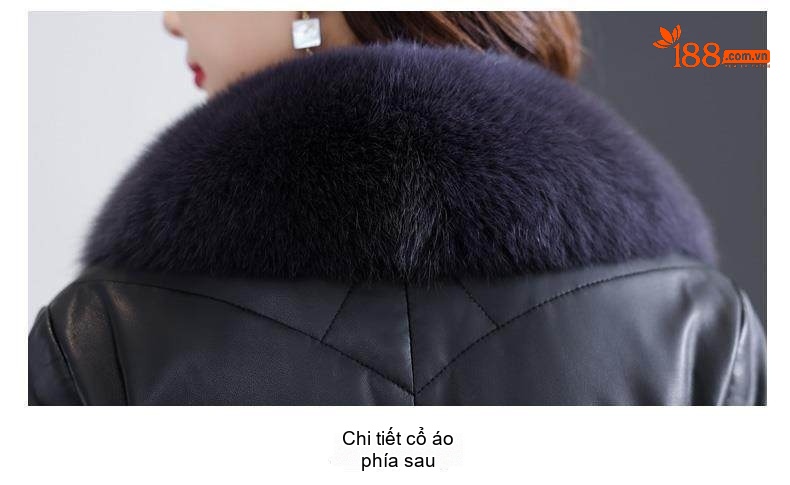 Áo Khoác Phao Da Thật Nữ Dáng Dài Cổ Lông Thú Màu Đen chi tiết 13