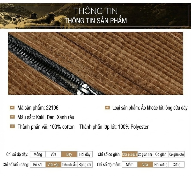 Áo Khoác Nam Lót Lông Cừu Non Cotton Gân Dày Dặn Dáng Dài Màu Nâu, Đen, Xanh Rêu chi tiết 7
