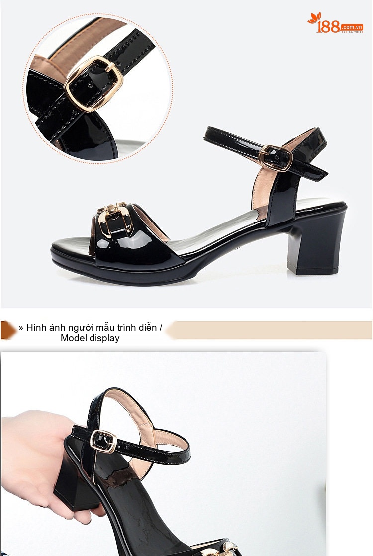 Giày Sandal Cao Gót Nữ Quai Ngang Da Bóng Gót Cao 7cm - 8cm Màu Đen, Kem chi tiết 7