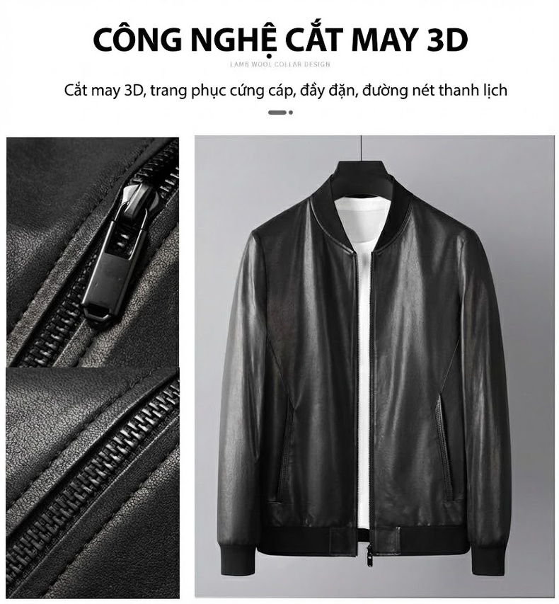 Áo Khoác Da Thật Nam Kiểu Biker Cổ Bóng Chày Thời Trang Màu Đen chi tiết 6
