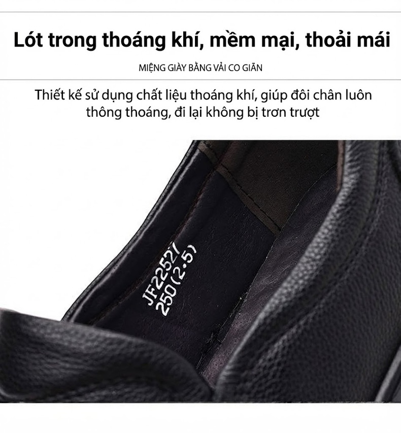 Giày Lười Nam Da Bò Đầu Tròn Chống Trượt Chiều Cao Đế Khoảng 3cm Màu Đen chi tiết 11