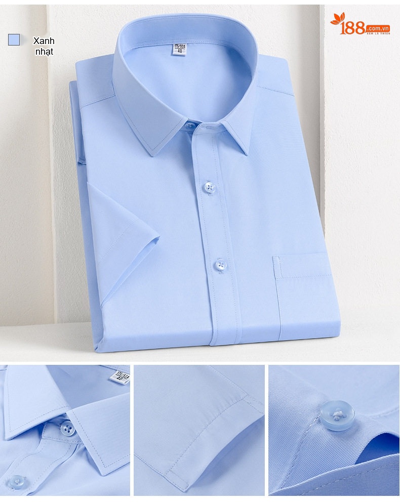 Áo Sơ Mi Nam Cotton Ngắn Tay Dáng Ôm Chống Nhăn Màu Trắng, Xanh Dương, Tím, Xám... chi tiết 5