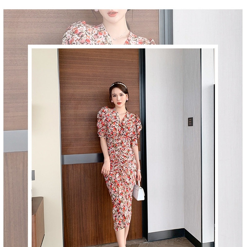 Váy liền thân Nữ Dáng Ôm Họa Tiết Hoa Nhí Xếp Ly Eo Cao Hở Lưng Phong Cách Pháp chi tiết 1