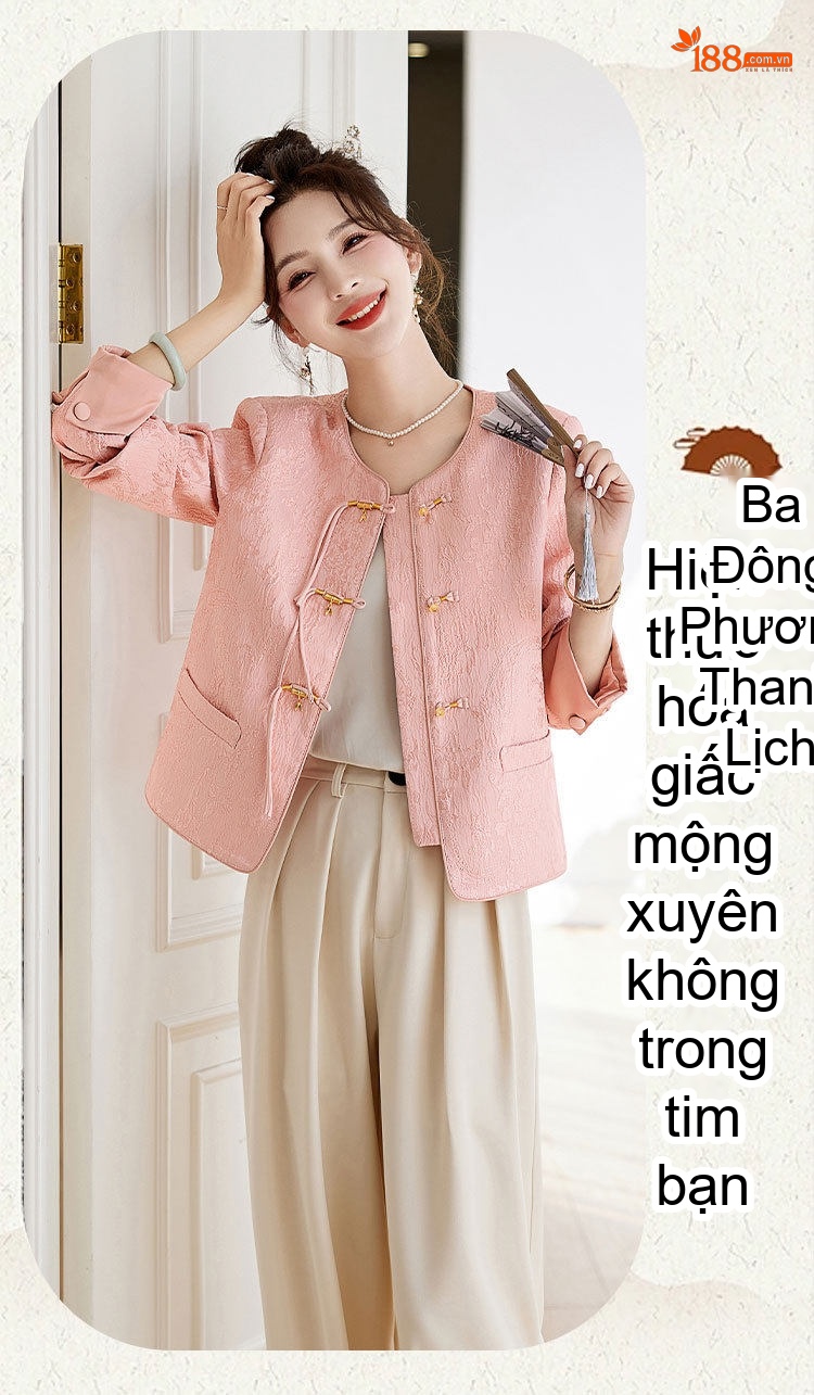 Áo Khoác Nữ Dáng Ngắn Tay Dài Thêu Hoa Cài Khuy Phong Cách Trung Hoa Màu Trắng, Hồng chi tiết 28