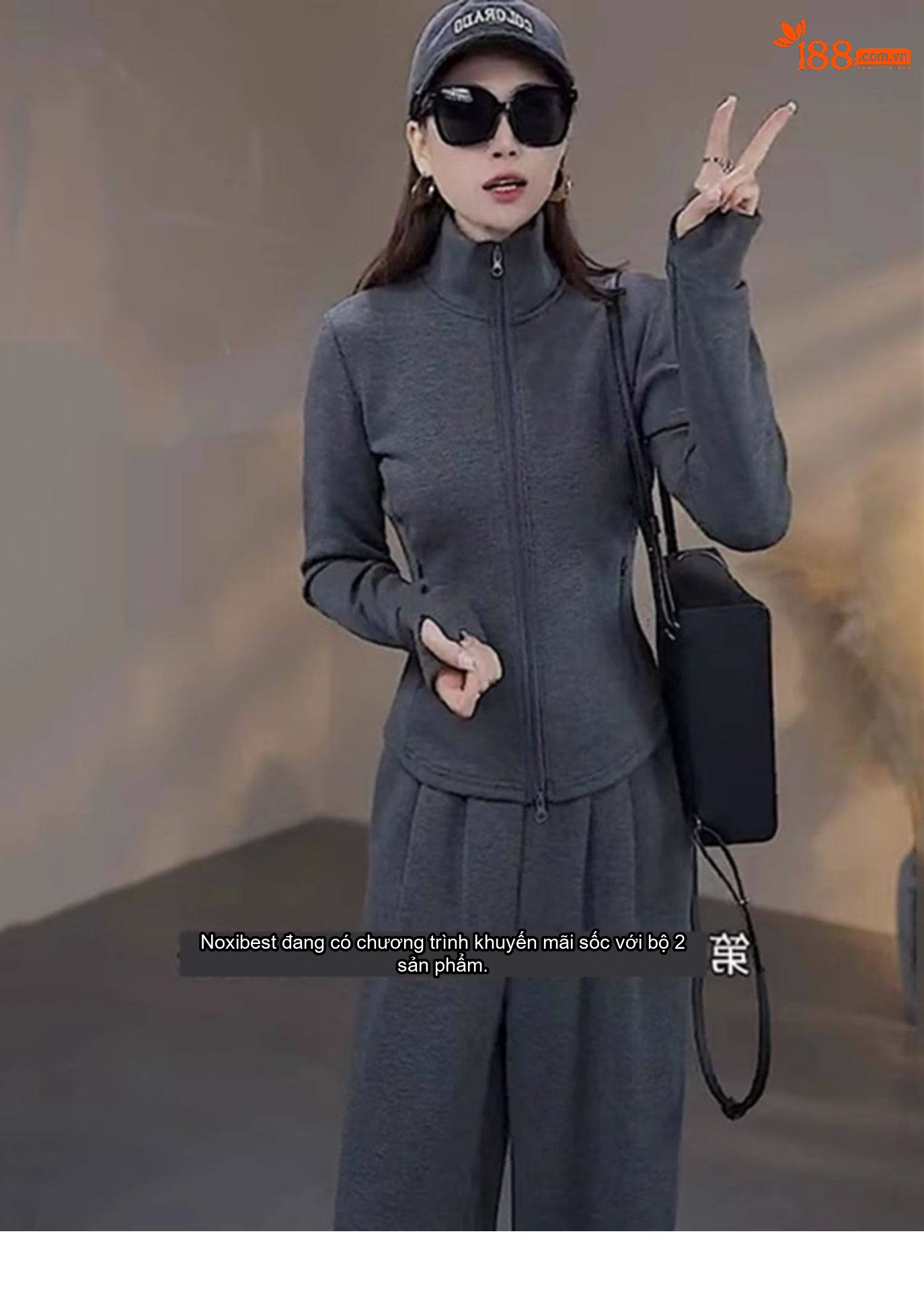 Bộ Đồ Thể Thao Nữ Áo Khoác Dệt Kim Dáng Rộng Quần Dài Lót Lông Màu Xám chi tiết 3