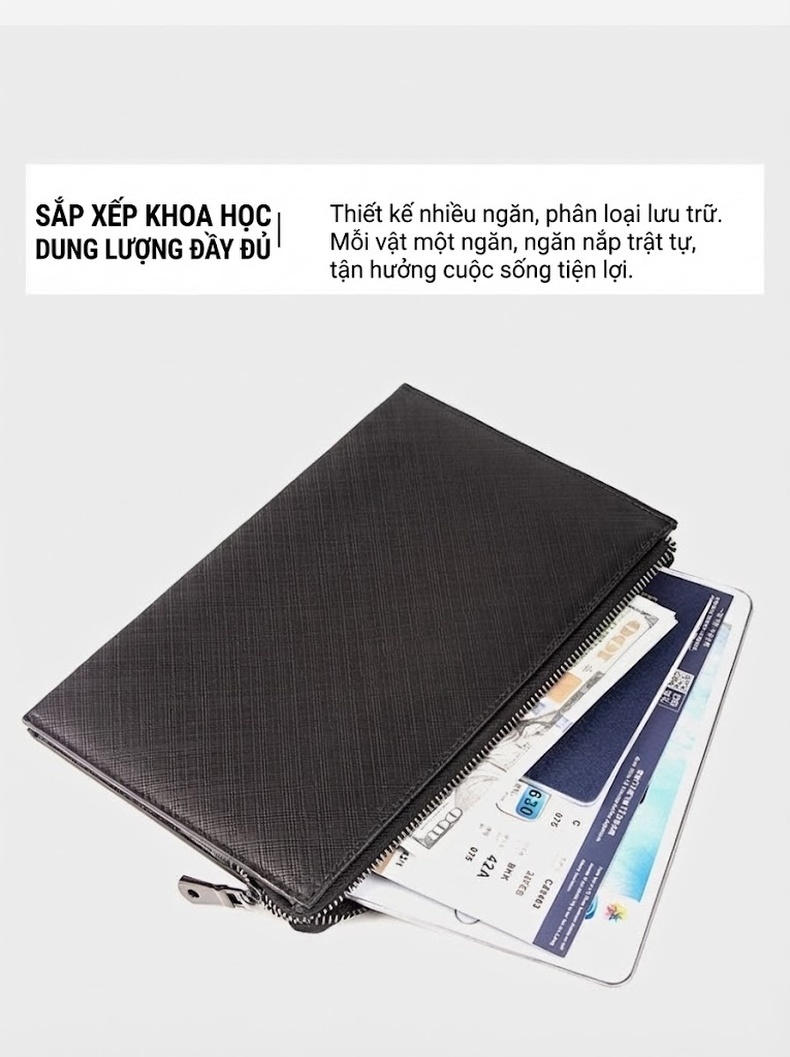 Ví Cầm Tay Nam Da Bò Vân Sọc Chữ Thập Siêu Mỏng Phong Cách Business Màu Đen chi tiết 7