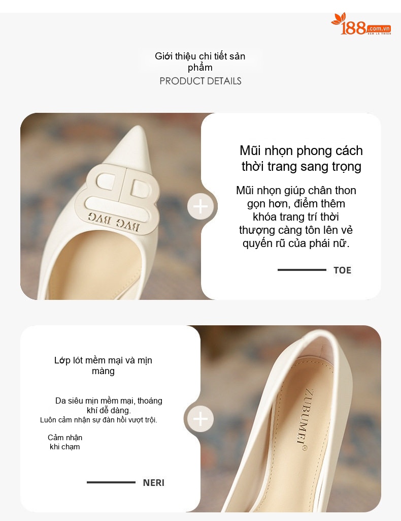 Giày Cao Gót Nữ Mũi Nhọn Chiều Cao Đế Khoảng 6cm Kiểu Pháp Màu Đen, Trắng chi tiết 2