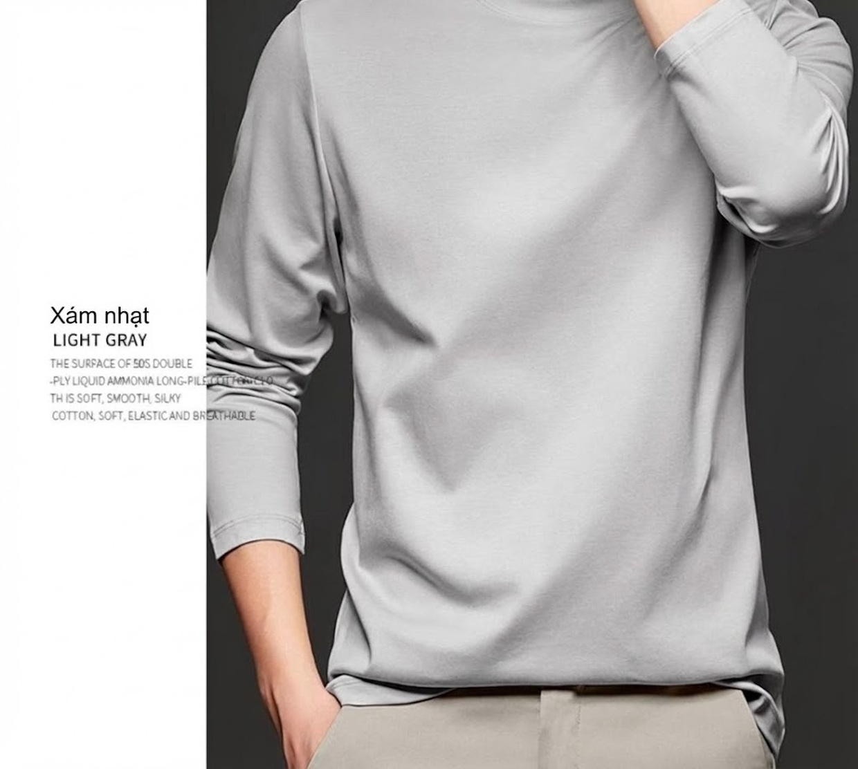 Áo Thun Dài Tay Nam Cotton Lụa Mềm Mại Form Rộng Màu Xanh Navy, Xám, Đen, Nâu chi tiết 31
