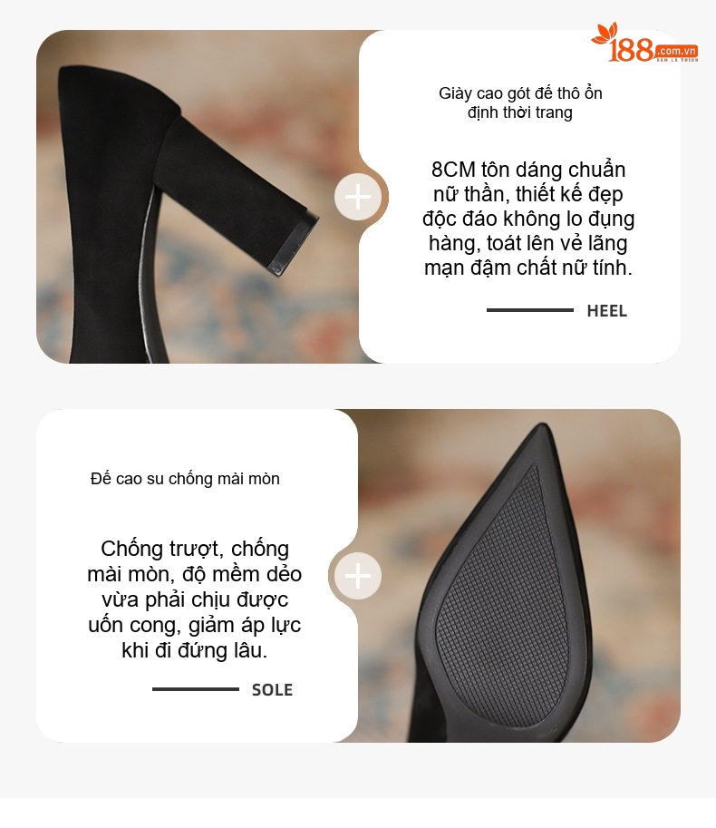 Giày Cao Gót Nữ Da Mờ Chiều Cao Đế Khoảng 8cm Mũi Nhọn Gót Vuông Màu Be, Nâu, Đen chi tiết 1