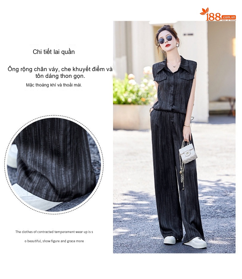 Bộ Quần Áo Nữ Áo Sơ Mi Không Tay Quần Ống Rộng Thoáng Mát Màu Đen chi tiết 7