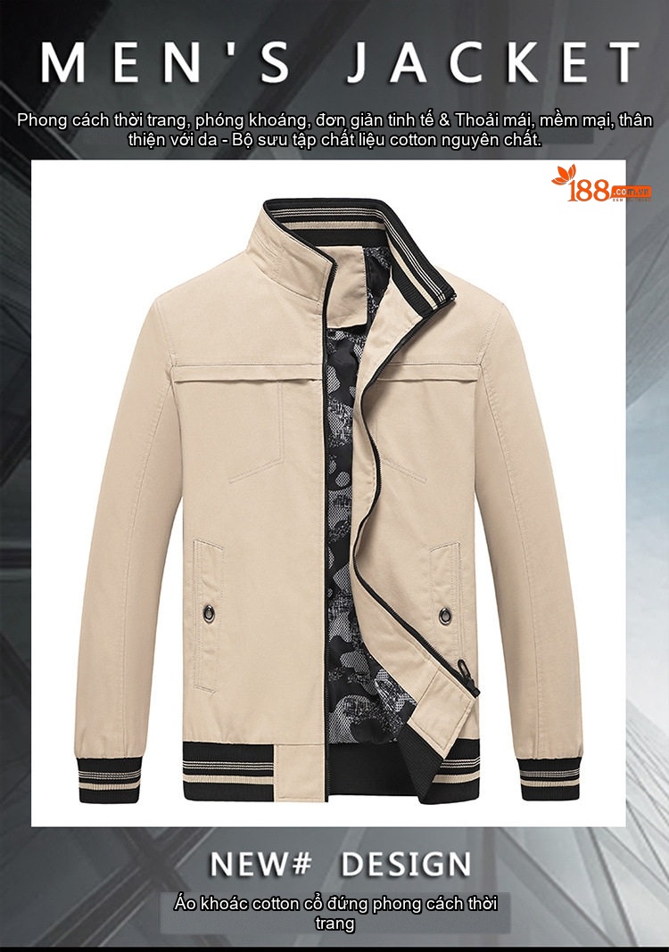 Áo Khoác Bomber Nam Cotton Dáng Đứng Cổ Tay Bo Chun Thu Đông Màu Be, Đen, Vàng Nâu chi tiết 1