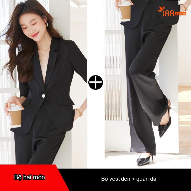 Bộ Vest Nữ Áo Blazer Tay Lỡ Quần Ống Rộng Chất Acetate Satin Phong Cách Công Sở Màu Đen, Trắng Kem, Xanh...