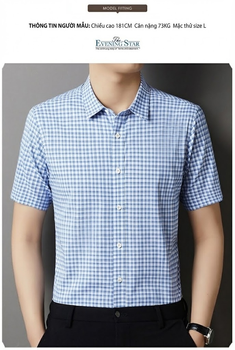 Áo Sơ Mi Nam Ngắn Tay Cotton Lụa Băng Chống Nhăn Kẻ Caro Màu Xanh Dương, Trắng chi tiết 7