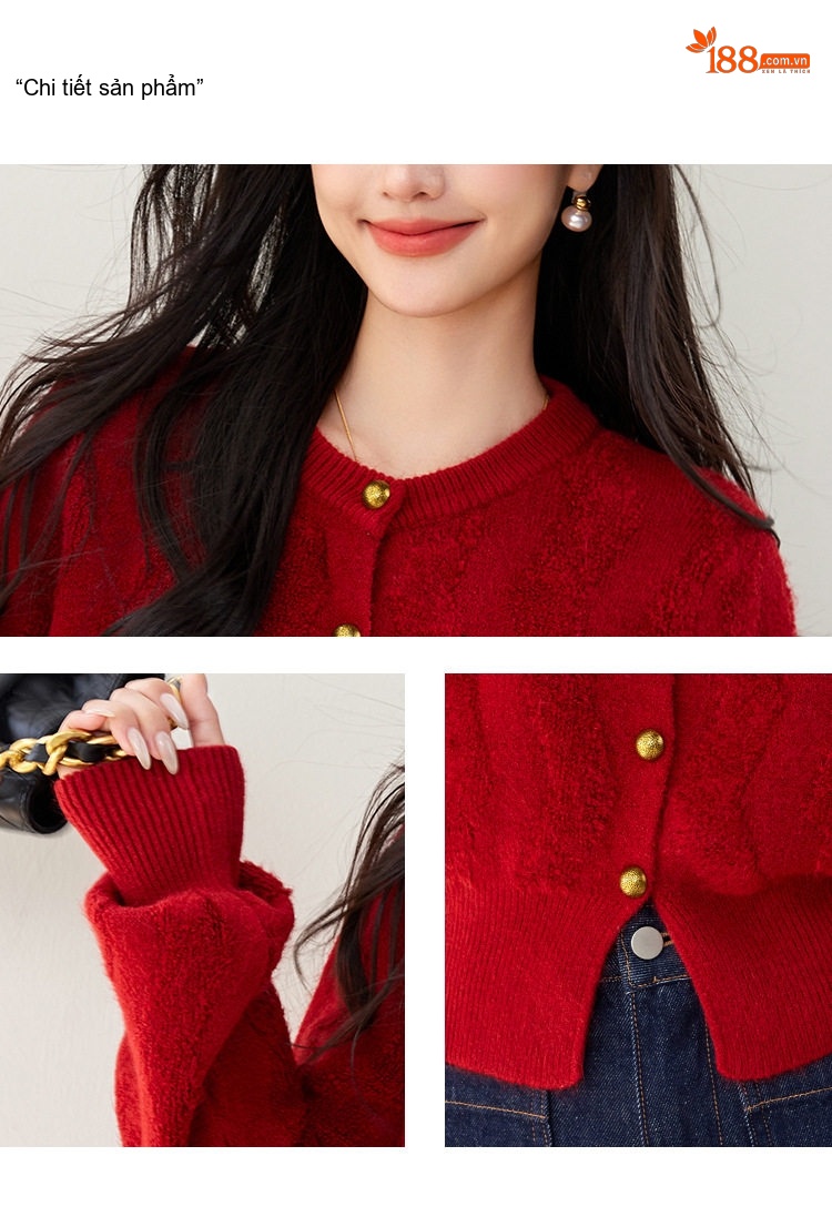 Áo Khoác Cardigan Nữ Dệt Kim Tay Dài Dáng Rộng Phong Cách Retro Màu Đỏ chi tiết 3