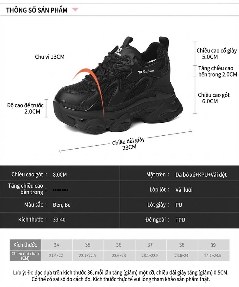 Giày Thể Thao Nữ Đế Dày Phong Cách Ulzzang Chiều Cao Đế Khoảng 5cm Màu Trắng, Đen chi tiết 3