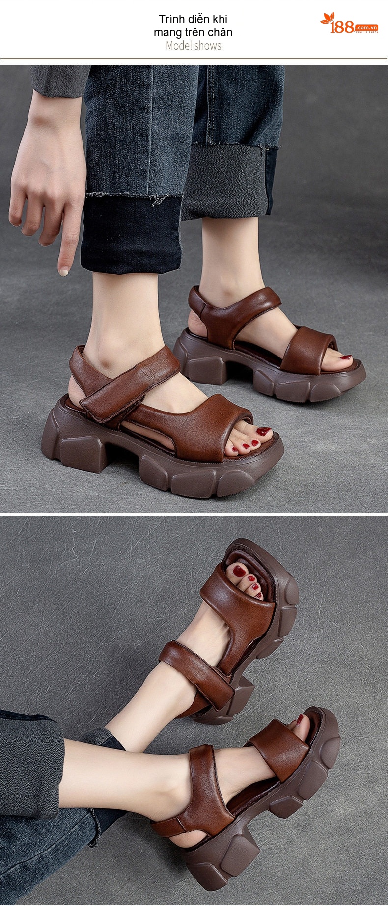 Giày Sandal Cao Gót Nữ Hở Ngón Da Bò Quai Hậu Đế Bệt Gót Cao 7cm - 8cm Màu Đen, Nâu chi tiết 7