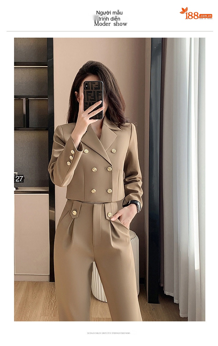 Bộ Vest Công Sở Nữ Dáng Ngắn Quần Dài/Chân Váy Màu Kaki, Đen, Xanh Dương chi tiết 9