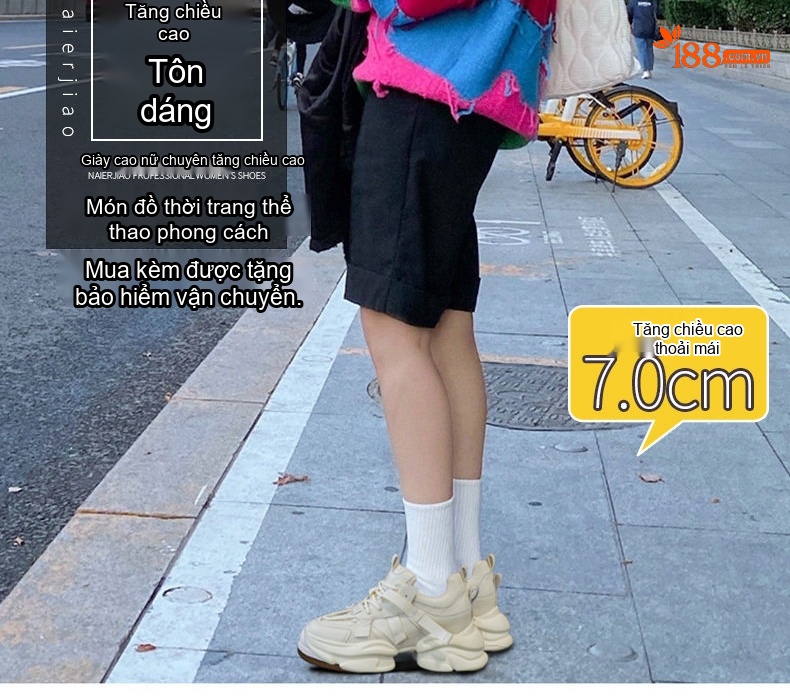 Giày Sneaker Nữ Da Mềm Đế Dày Phong Cách Ulzzang Chiều Cao Đế Khoảng 5cm Màu Trắng, Kem, Hồng chi tiết 2