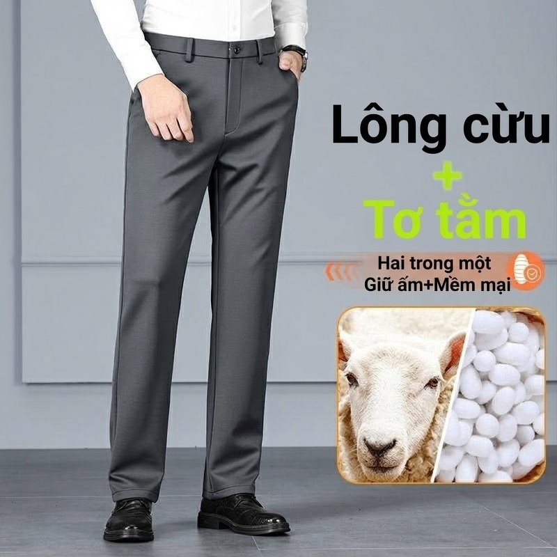 Quần Tây Nam Ống Đứng Mùa Thu Đông Chất Liệu Lông Cừu, Tơ Tằm Thoải Mái Co Giãn Màu Đen, Xám, Xanh Navy