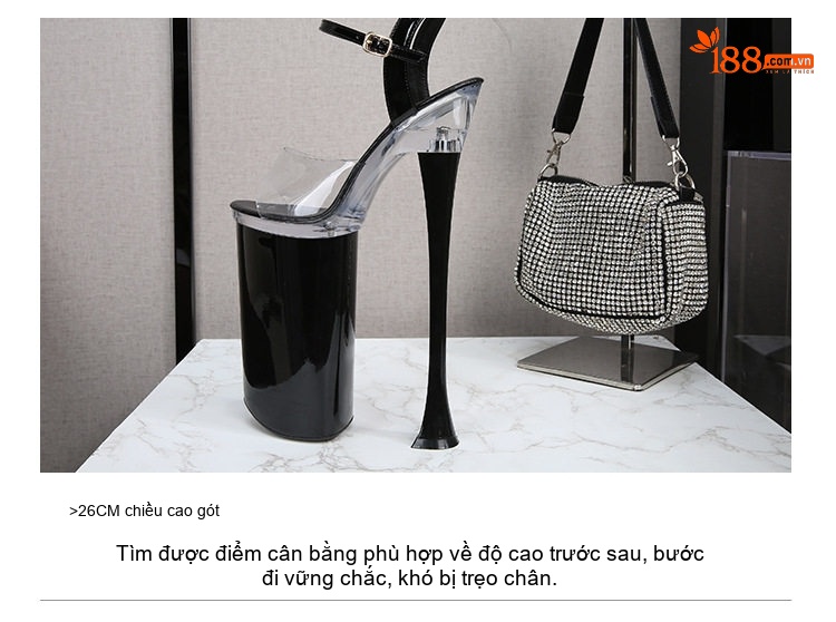 Giày Sandal Cao Gót Nữ Quai Trong Suốt Đế Cao 26cm Gót Siêu Cao Cho Show Diễn Màu Đen, Đỏ, Trắng chi tiết 6