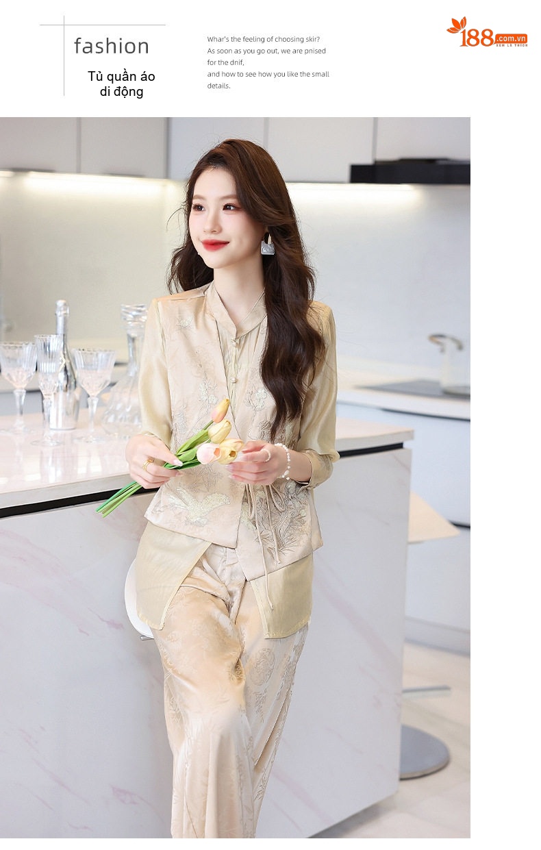 Bộ Áo Sơ Mi Quần Ống Rộng Nữ Phong Cách Trung Hoa Thêu Họa Tiết Kèm Áo Khoác Gió Màu Be, Đen chi tiết 18