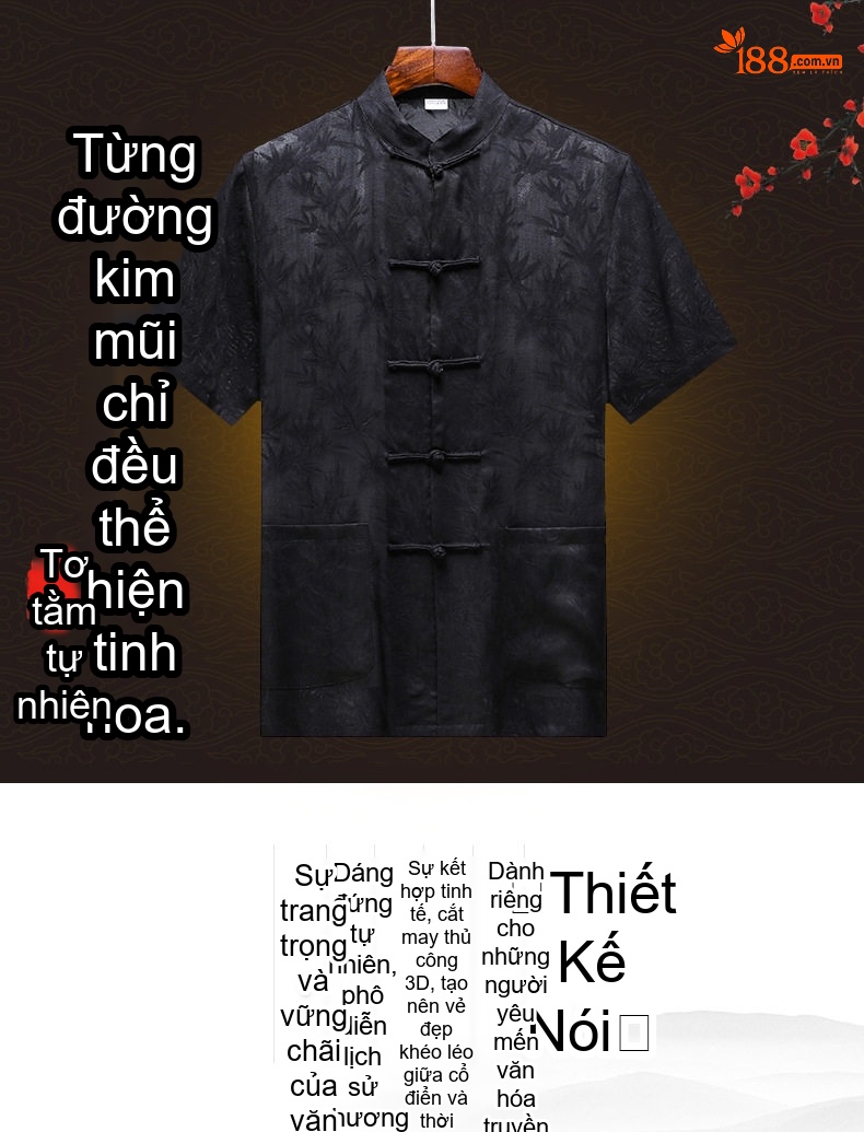 Áo Sơ Mi Tay Ngắn Nam Lụa Tơ Tằm Hương Vân Sa Cổ Điển Khuy Nút Tàu Phong Cách Trung Hoa Màu Đen chi tiết 1