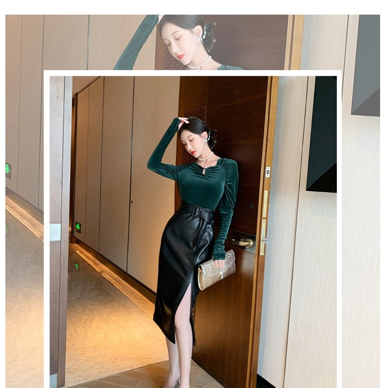 Váy liền thân Nữ Ôm Dáng Tay Dài Chất Liệu Nhung Gân Phối Da PU Xẻ Tà Màu Đen, Xanh chi tiết 1