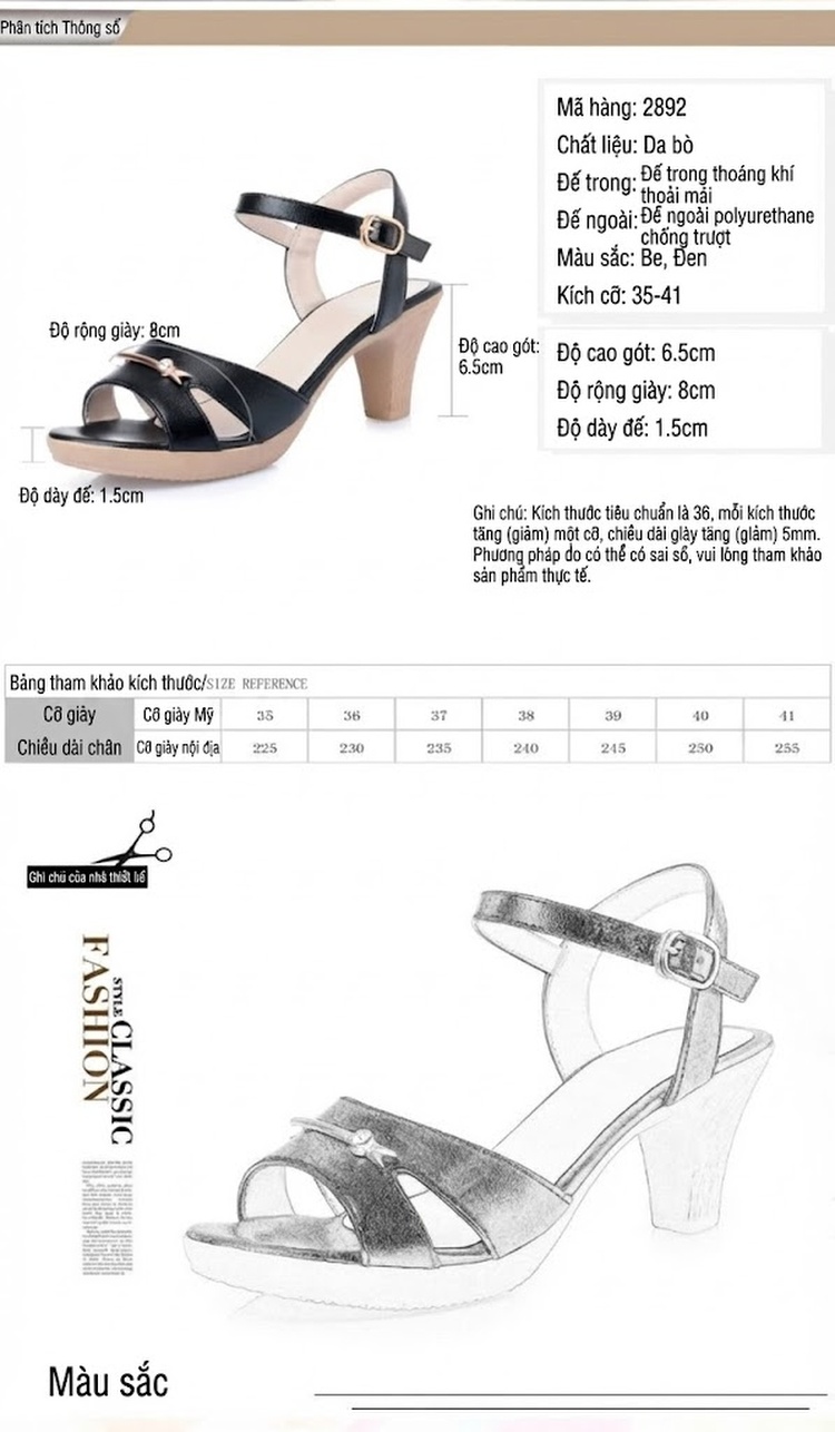 Giày Sandal Cao Gót Nữ Quai Ngang Gót Vuông Da Mờ Gót Cao 7cm - 8cm Màu Kem, Đen chi tiết 3