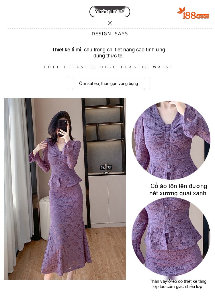 Set Bộ Áo Tay Loe Cổ chữ V Chân Váy Đuôi Cá Ren Nữ Tính Màu Đen, Tím chi tiết 3