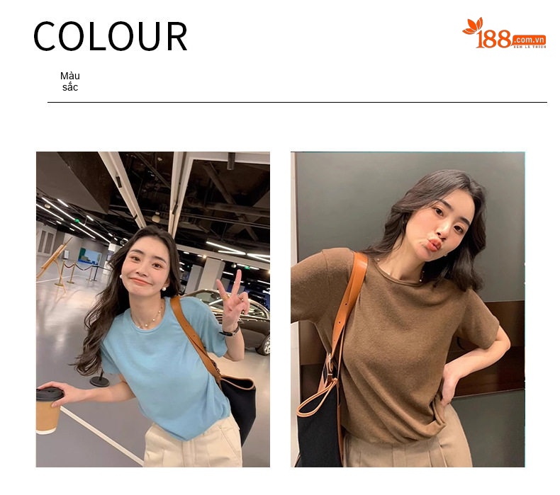 Áo Thun Nữ Tay Ngắn Cổ Tròn Cotton Dáng Rộng Màu Xanh Dương, Nâu chi tiết 6