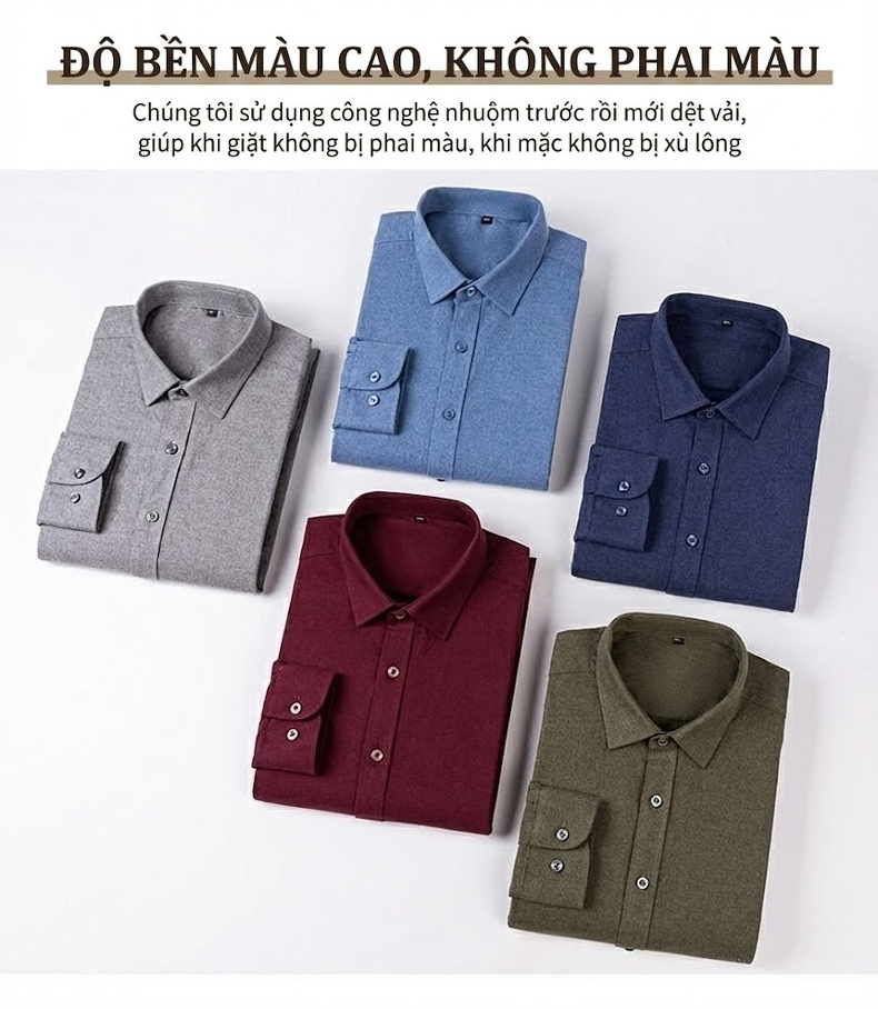 Áo Sơ Mi Nam Tay Dài Cotton Mài Lông Màu Xám, Đỏ, Xanh Dương, Xanh Lá... chi tiết 6