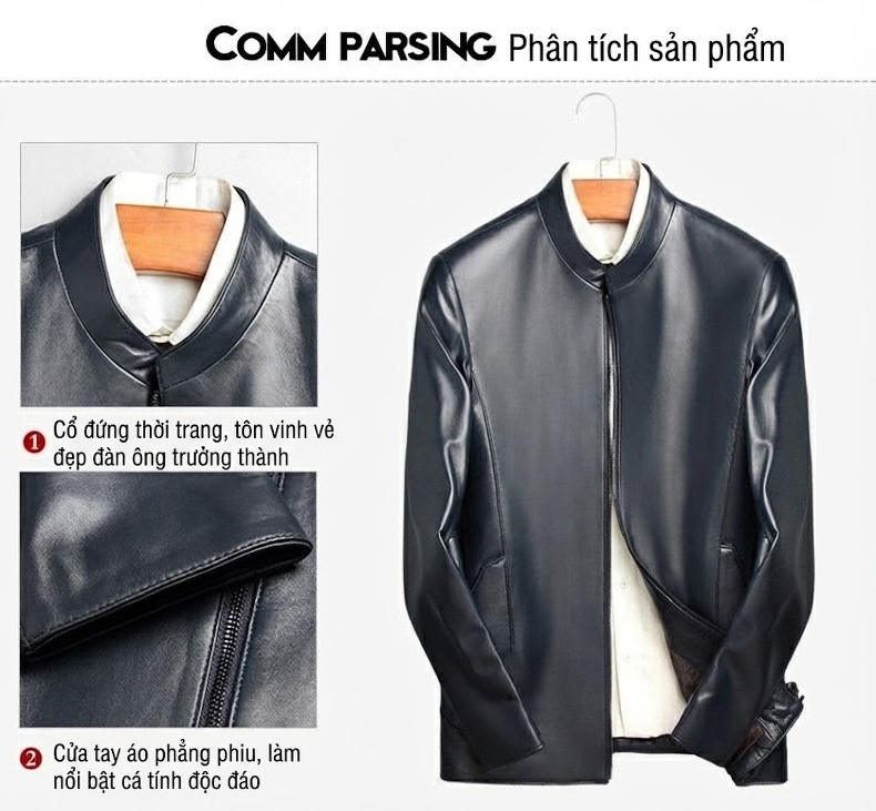 Áo Khoác Da Cừu Nam Dáng Ôm Cổ Trụ Màu Đen, Nâu, Xanh Navy, Đỏ Rượu Vang chi tiết 4