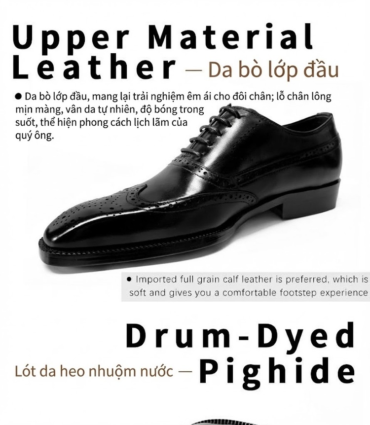Giày Tây Buộc Dây Nam Da Bò Brogue Chiều Cao Đế Khoảng 3cm Màu Đen, Nâu chi tiết 9