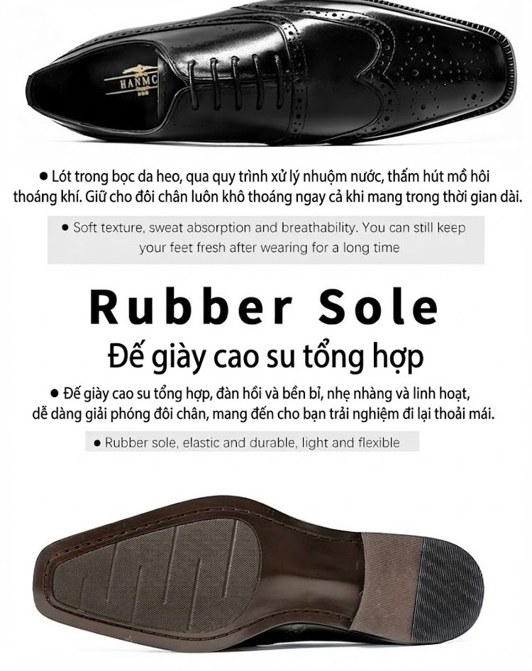 Giày Tây Buộc Dây Nam Da Bò Brogue Chiều Cao Đế Khoảng 3cm Màu Đen, Nâu chi tiết 10