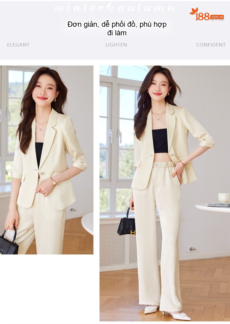 Bộ Vest Nữ Áo Blazer Tay Lỡ Quần Ống Rộng Chất Acetate Satin Phong Cách Công Sở Màu Đen, Trắng Kem, Xanh... chi tiết 4