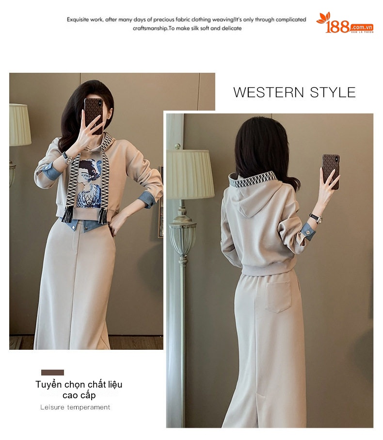 Set Bộ Áo Hoodie và Chân Váy Dáng Dài Nữ Lót Lông Dày Dặn Phong Cách Thời Trang Màu Be chi tiết 2