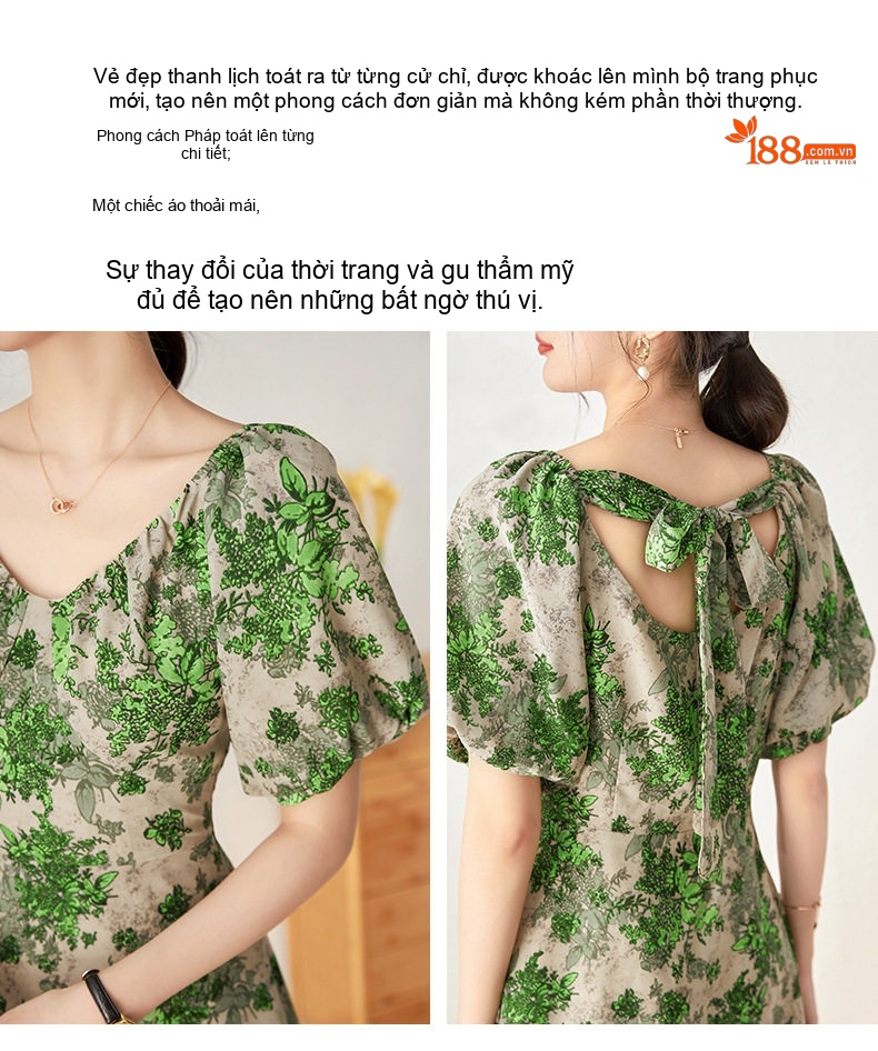 Váy Ngắn Nữ Cổ chữ V Thắt Dây Lưng Sau Tay Bồng Họa Tiết Hoa Lá Xanh chi tiết 10