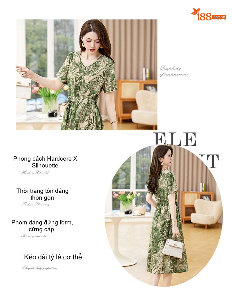 Váy liền thân Nữ In Họa Tiết Cổ chữ V, dáng chữ A, Eo Điều Chỉnh Được, Mềm Mại Thoải Mái Màu Xám, Xanh chi tiết 4