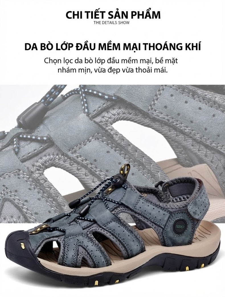Dép Sandal Nam Bít Mũi Thoáng Khí Chống Trượt Đi Bộ Đường Dài Thủ Công Chiều Cao Đế Khoảng 3cm Màu Đen, Nâu, Xám chi tiết 8
