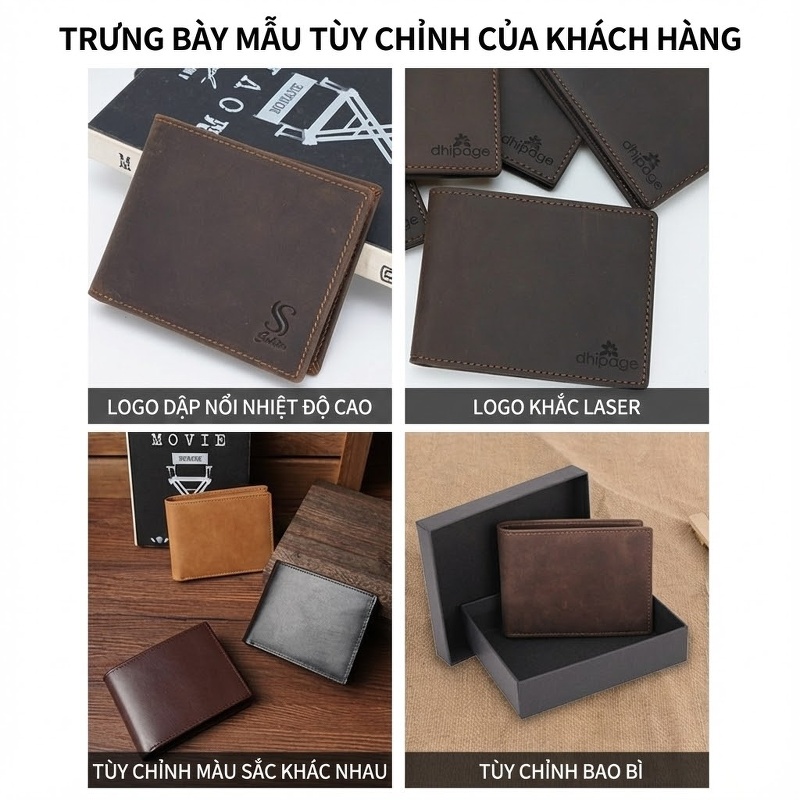 Ví Ngắn Nam Da Bò Sáp (Mad Horse) RFID Chống Quét Thẻ Khắc Laser Logo Màu Nâu, Đen