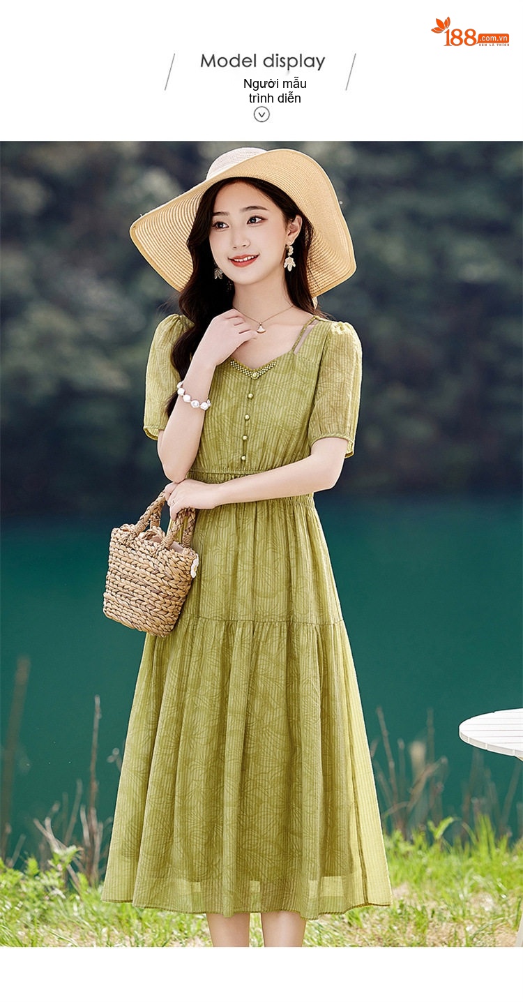 Váy Midi Nữ Tay Ngắn Thiết Kế Thanh Lịch Thoáng Mát Màu Be, Xanh Lá chi tiết 12