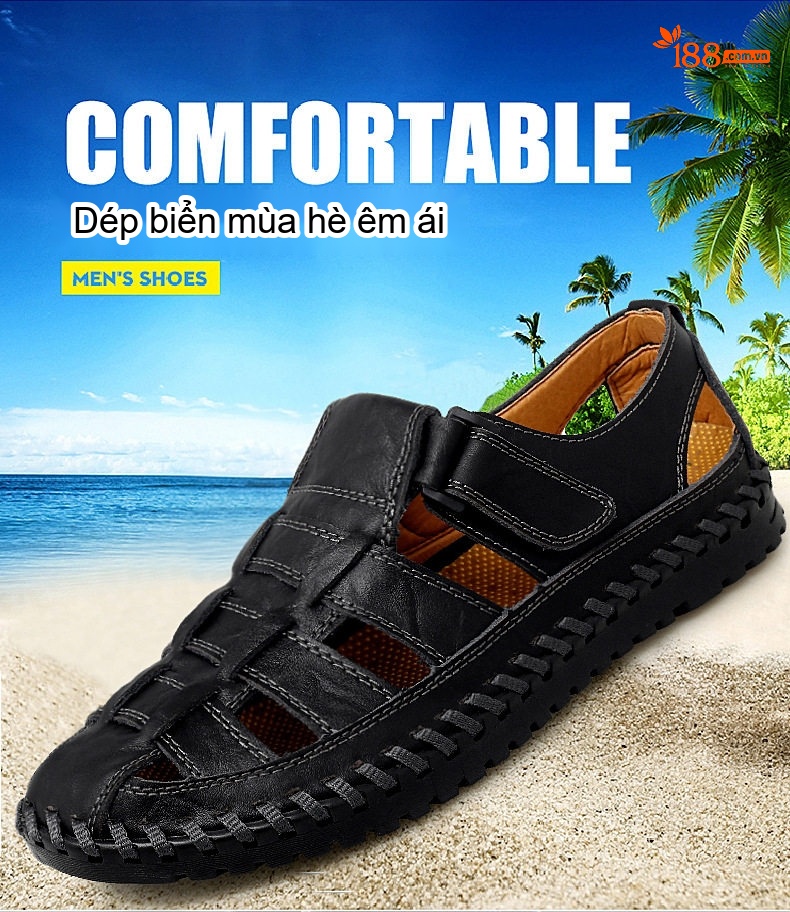 Dép Sandal Nam Da Thật Thủ Công Quai Dán Thoáng Khí Chiều Cao Đế Khoảng 2cm Màu Nâu, Đen chi tiết 1