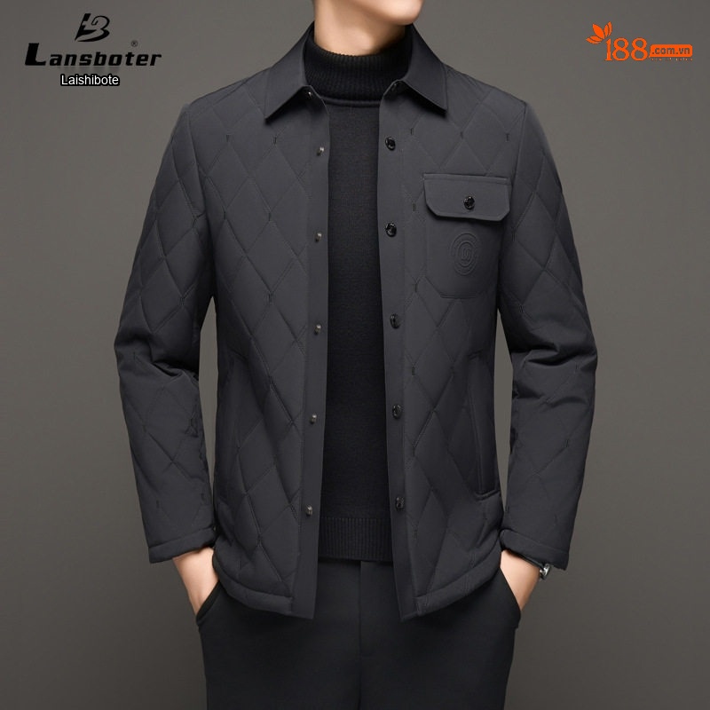 Áo Khoác Bông Nam Trung Niên Dáng Dài Vừa Cổ Bẻ Giữ Ấm Cotton Màu Xám, Đen
