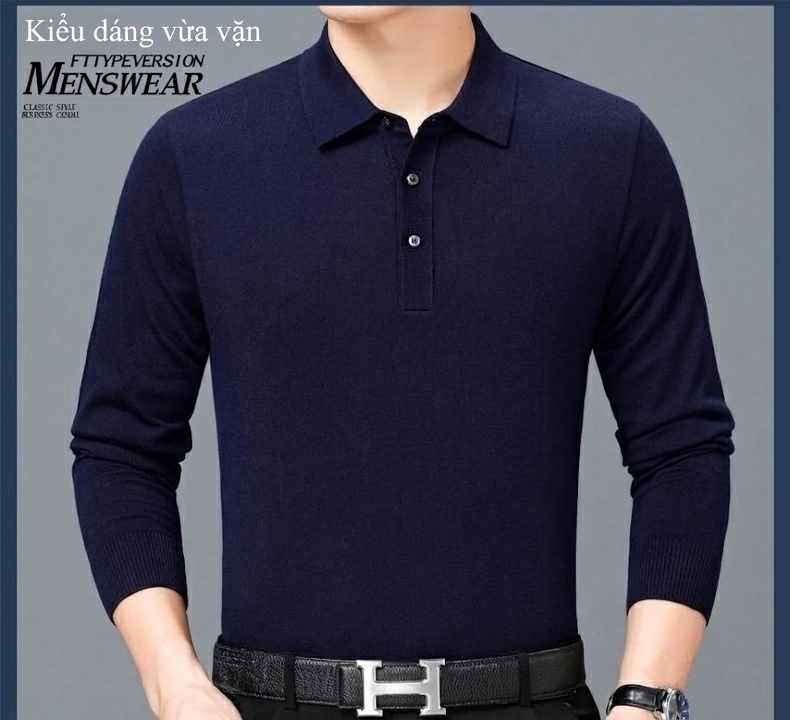 Áo Thun Polo Nam Dài Tay Cashmere Dáng Ôm Vừa Vặn Màu Đen, Đỏ, Xanh Dương, Xám... chi tiết 9