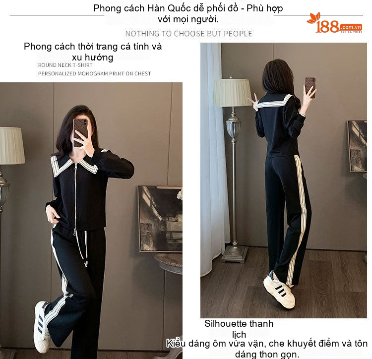 Bộ Đồ Nữ Áo Khoác Dáng Rộng Quần Ống Rộng Dây Rút Thể Thao Phong Cách Thời Trang Màu Đen chi tiết 6