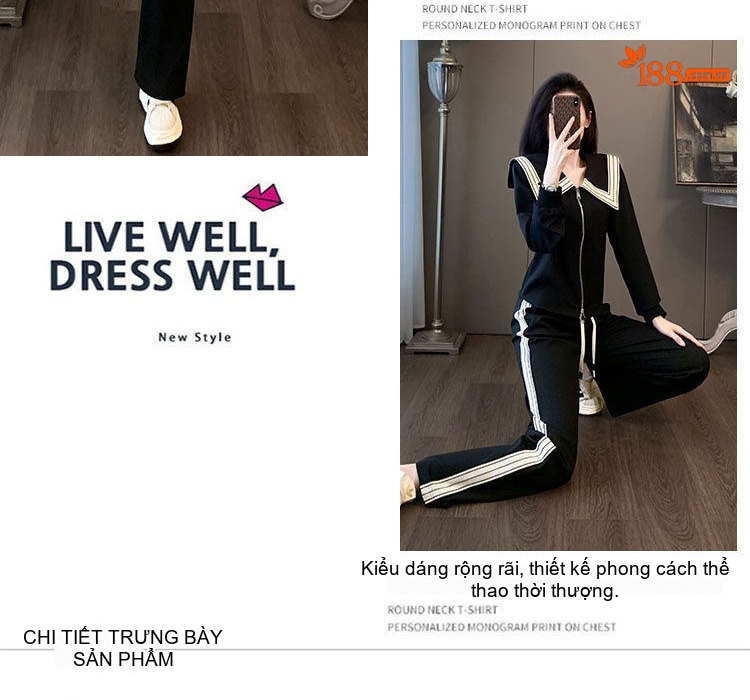 Bộ Đồ Nữ Áo Khoác Dáng Rộng Quần Ống Rộng Dây Rút Thể Thao Phong Cách Thời Trang Màu Đen chi tiết 7