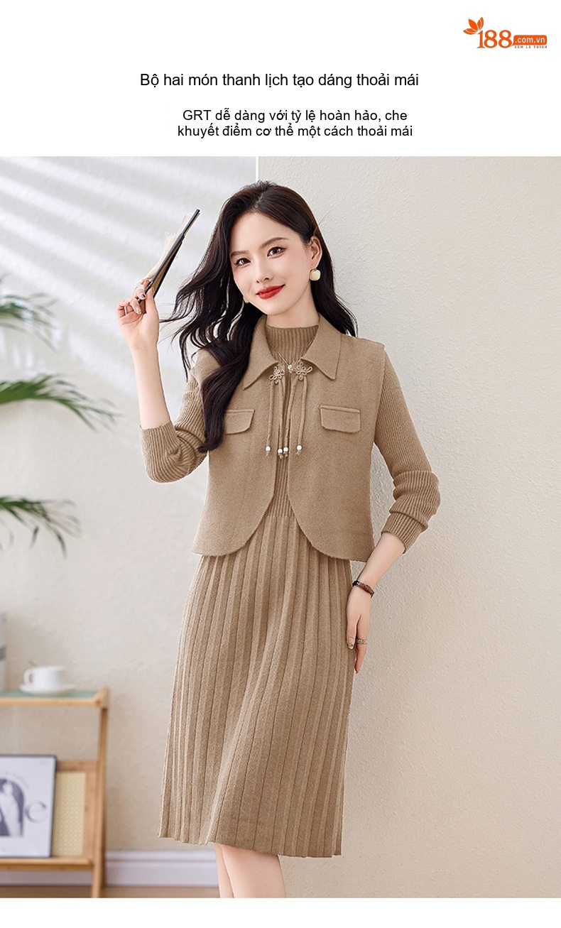 Váy Dệt Kim Dáng Ôm Thiết Kế Tay Dài Kèm Áo Khoác Gilê Bộ Hai Chiếc Màu Nâu, Be, Đỏ Rượu chi tiết 6