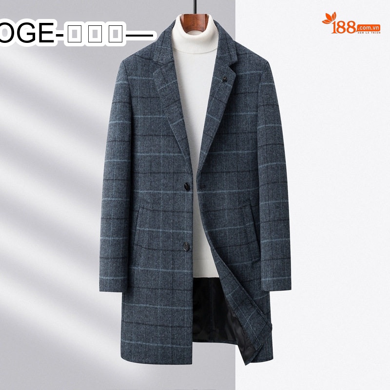 Áo Khoác Dạ Nam Dáng Dài Vừa Cổ chữ Vest Họa Tiết Kẻ Ô Màu Xám, Nâu