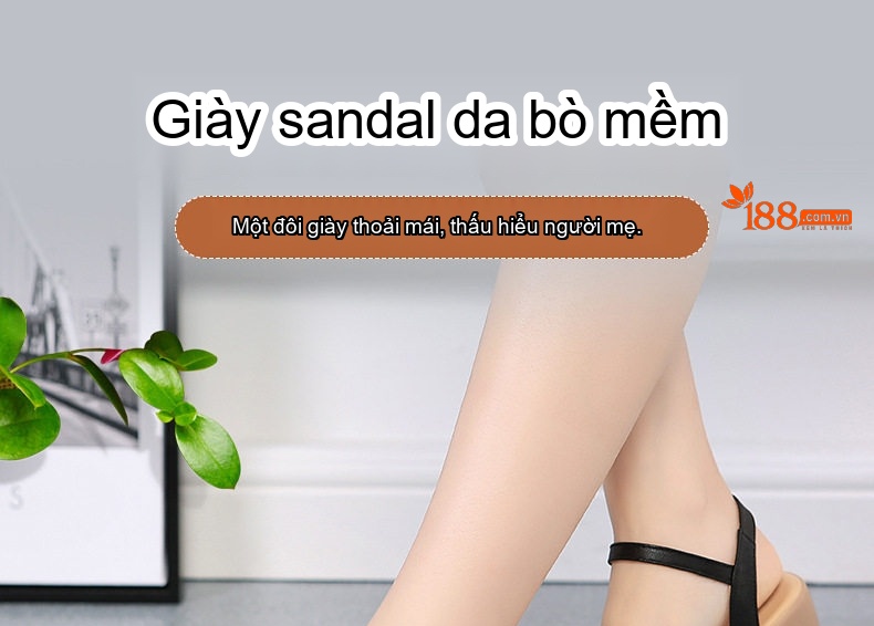 Dép Sandal Nữ Quai Ngang Da Bò Đế Cao 5cm - 6cm Màu Đen, Kem chi tiết 1